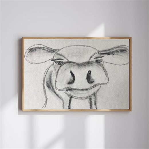 Cow Print A4, Charcoal Cow Drawing | Farm Animal Art | Black White Cow Art | Cottage Print - Etsy