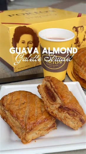 Our Guava Almond Galette Strudel is still available! If you didn’t get to taste it you still have time before it’s gone! This is our strudel take on the traditional Galette des Rois. Layers of flaky puff pastry are rolled with rich California almond cream and a delicate spread of our signature guava jam. #portosbakery #portos | Porto's Bakery