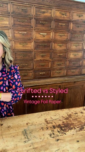 Thrifted vs Styled: Vintage Foil Paper I scored this entire container of vintage papers at an estate sale for just $10! The previous owner was a florist, and her stash was full of treasures—but I couldn’t resist this shiny foil paper. I turned it into a handcrafted leaf garland for my vintage-inspired Halloween mantel, and I love how it adds just the right touch of whimsy and sparkle. Thrifted craft supplies are not only affordable, but the creative possibilities are endless. So next time you’re