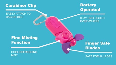 O2COOL Personal Mini Misting Fan - Portable Battery Operated Handheld Cooling Accessory with Fine Mist Spray for Outdoor, Beach, Camping - Convenient Carabiner Clip for Easy Travel - Pink 2 Pack