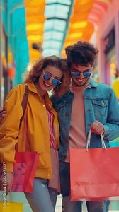 Genderqueer couple in cyan, pink, and yellow outfits shopping playfully at a boutique, bold fashion self-expression