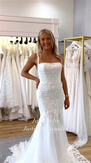 Elevated Bridal on Instagram: "New Arrival ✨ Jazmin ✨ by Justin Alexander. Gorgeous sparkling lace trumpet gown with square neckline, pearl details and stunning train! Book your appointment and find your dream gown!! #bridalstyle #texasbride #luxurybridal #weddingdress #bridetobe #southernbride #elevatedbridal #justinalexander"