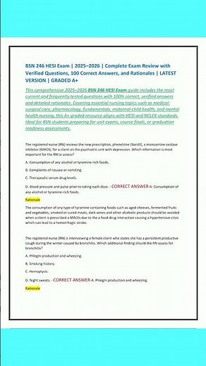 BSN 246 HESI Exam 20252026 Complete Exam Review with Verified Questions 100 Correct Answers and Ra