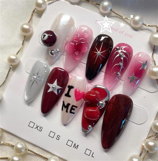 Rockstar Girlfriend Press on Nails, Burgundy Red Fake Nails, Handmade Y2K Star Nails, 8 Ball Chrome Glue on Nails, Luxury Reusable Gel Nails - Etsy