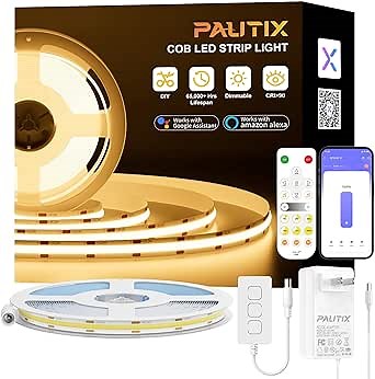 PAUTIX Smart COB LED Strip Light 32.8ft/10m,Warm White 2700K LED Strip,Compatible with Alexa/Google Assistant,Dimmable 24V LED COB Light Strip Kit for Kitchen,Bedroom,Cabinet,Living Room,Office