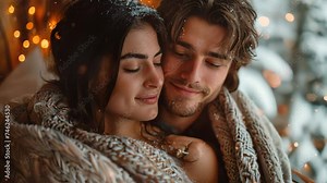 A couple deeply in love sharing a cozy moment in a rustic cabin surrounded by snow covered trees.