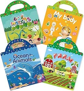 Reusable 4-Set Sticker Books for Toddlers 2-4, Toy Stickers Pad Reusable Sticker Books for Toddlers 1-3 Fashion Activity, Birthday Gift Toy for Girl Boy(Farm, Ocean Animals, Insects,Body)