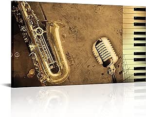 FEIFANMEI Vintage Music Canvas Wall Art Microphone Music Note Saxophone Painting Musical Instrument Picture Framed Giclee Print Poster for Home Office Living Room Wall Decor Easy Hanging