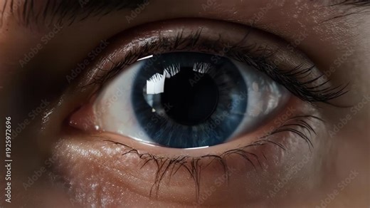 A human blue eye reacts to a bright light. The pupil constricts rapidly, then slowly dilates as the light fades. Hyper-realistic iris textures, 8k, sharp focus.