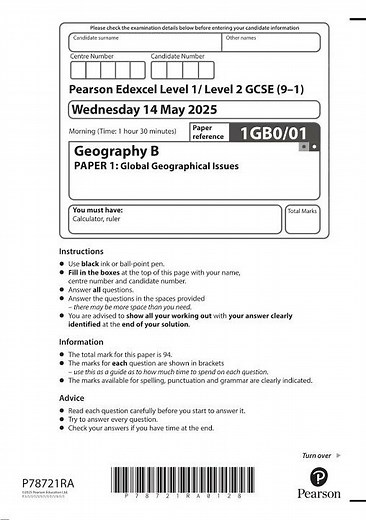 Pearson EDEXCEL GCSE Geography B Paper 1 2025