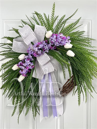 Tulip & Lilac Spring Wreath, Beaded Grass Crescent, Front Door Decor - Etsy