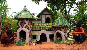 Build Beautiful House By Bamboo With Mud For Puppy | Primitive Building