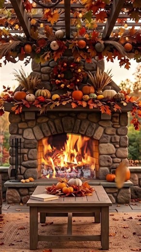 "Autumn Patio" 🍂 Cozy Autumn Ambience: Outdoor Fireplace with Falling Leaves