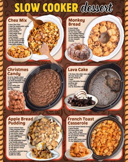 SLOW COOKER DESSERT! SET IT AND FORGET IT! SLOW COOKER CHEX MIX: 4 cups Rice Chex 3 cups Corn Chex 2 cups Wheat Chex 2 cups Pretzels 2 cups bagel chips 1 cup Bugles 1 cup Peanuts 10 tbsp butter melted 2 tbsp Worcestershire sauce 2 ½ tsp seasoned salt 1 ¼ tsp garlic powder 1 tsp onion powder CROCKPOT MONKY BREAD: 2 cans Grand Cinnamon Rolls ¼ cup cane sugar 1 tsp pumpkin spices ½ cup brown sugar ½ cup unsalted butter ½ cup chopped walnuts Cooking spray CROCKPOT CANDY: 16 oz jar lightly salted 22 