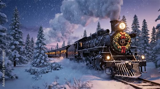 Steam train adorned with a christmas wreath traveling through a snowy forest at night, depicting a festive christmas journey