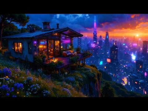 Lofi Ambient – Rainy Neon Cabin Above a Cyberpunk City | Calm Study and Sleep Ambience | 4K