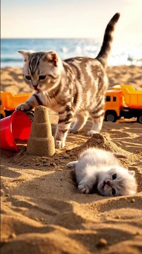 Mother Cat and Kitten Build Amazing Sandcastle on Beach 🏖️