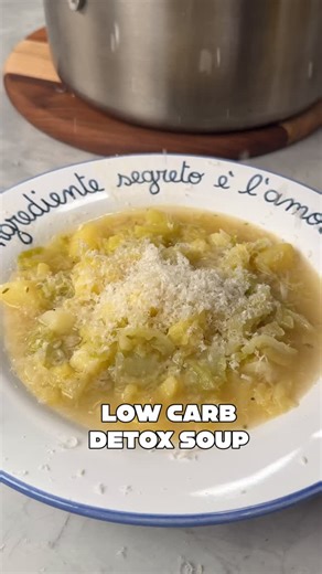 SAVE my LOW-CARB DETOX HOLIDAY CABBAGE SOUP for a gentle and delicious reset! Ingredients: -2 to 3 ounces of pancetta or bacon, diced -2 tbsp extra virgin olive oil -1 sweet yellow onion -1 tsp salt -pepper to taste -2 medium-sized Yukon gold potatoes, peeled & diced -1 head of savoy cabbage, cored and torn or shredded into small pieces -12 cups low-sodium chicken broth -2 tbsp white miso paste -Grated Parmigiano Reggiano Add the pancetta to a large stock pot and heat over medium-low heat. Conti