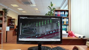 3D model of construction building at computer monitor screen with working engineer Stock Video
