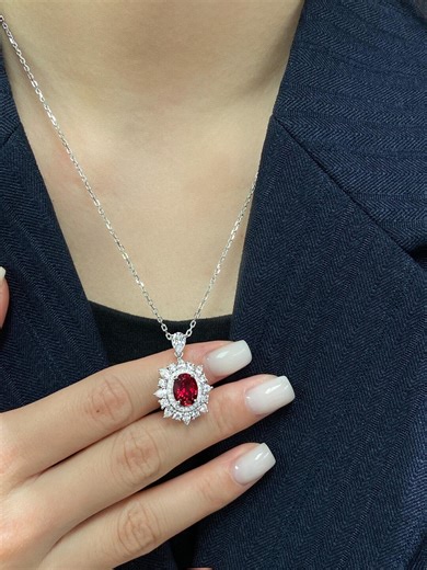 Pigeon Blood Red Lab Ruby Cluster Halo Necklace - Luxury Oval Diamond Pendant Gift for Her - Etsy