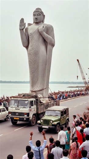 Let's Live History on Instagram: "Witness history recreated! In this Reel, I show the full installation of the iconic **Buddha Statue** at **Hussain Sagar, Hyderabad**, brought to life entirely with AI. 🌟 Fun Fact: Did you know this 58-ft granite monolith was placed in the lake on December 1, 1992? Sculpted by S.M. Ganapathi, it remains the tallest monolithic Buddha statue in the world! 🙏 Thanks for all the love and support! ❤️ If this journey to 1992 moved you, **please share this video** and