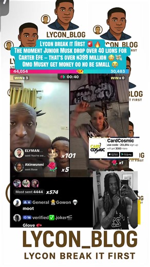 Lycon break it first 🚨🔥 The moment Junior Musk drop over 40 lions for Carter Efe — that’s over ₦399 million 😳💸 Omo Musky get money oo no be small 😭#fyp #lycon_blog #peller #musky #carterefe
