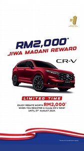Get ultimate cash rebates worth RM2,000* with the Ultimate SUV this Merdeka. Drive home the Honda CR-V with Merdeka Jiwa Madani Reward now! *T&C apply. | Honda Malaysia