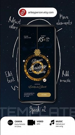 Animated Christmas Dinner Party Invitation | Blue Gold Ornament & Pearl Evite | Editable Template