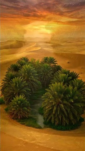 Lush Green Oasis in the Golden Desert | Palm Trees, Clear Water & Dramatic Sunset Landscape