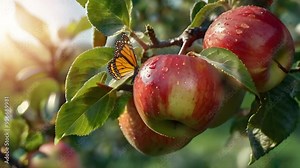 An apple tree with fruit ready to be harvested in the morning. Seamless 4K looping timelapse video animation background Stock Video