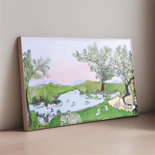 Primitive Folk Art Painting | Rustic Farmhouse Landscape Canvas - Etsy