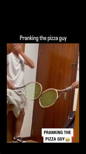 Lucky Clips on Instagram: "The video depicts a group of friends staging an over-the-top indoor tennis match, using pizza boxes as makeshift rackets to "serve" at the door just as the delivery driver arrives, resulting in his stunned pause before shared laughter reveals the prank. Posted by Indonesian creator @Martabatul13 on December 19, 2025, it echoes classic viral delivery pranks from channels like LADbible, amassing 3.9 million views and 5,500 likes in under 24 hours due to its relatable abs