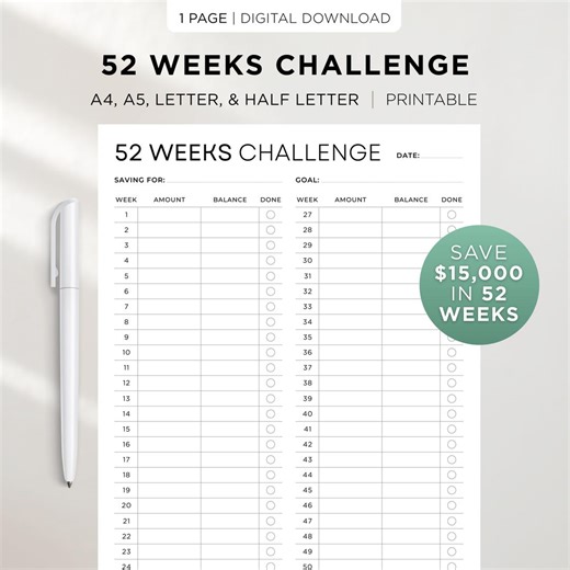 52 Weeks Challenge: Money Saving Challenge Printable, Minimalist Budget, A4 A5 Letter Half Letter, Weekly Savings Log - Etsy