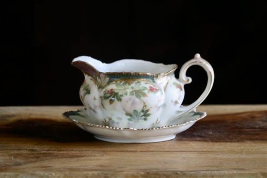 Vintage RS Prussia Creamer With Saucer, Elegant Dining Dishes, Small Raspberry Vine Pitcher With Under Plate and Gold Embossed Trim - Etsy