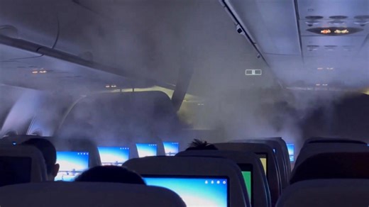 Mist moves through plane cabin before take-off