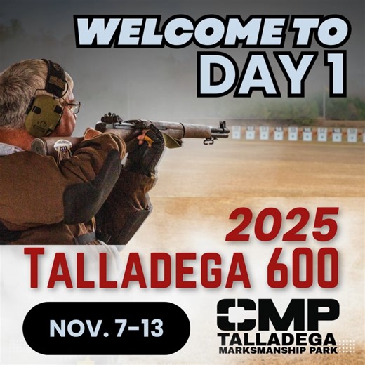 We'd like to welcome guests and participants to Day 1 of the 2025 Talladega 600! The event will be held at CMP Talladega Marksmanship Park, Nov. 7-13, featuring a variety of rifle, pistol and shotgun competitions! Today's lineup: ✅ Our educational Rifle Marksmanship 101 Course ✅ Shotgun 2-Person Loop ✅ Miltary & Police and 1911 Pistol matches! Tomorrow will continue on with even more fun, including our Mid-Range 2x600 Rifle Match and the Pistol Marksmanship 101! View results and keep up with the