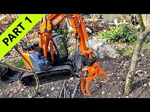 Tree felling and log crib wall construction. RC excavator Hitachi ZX135US, Grapple Saw. Part 1