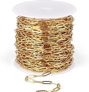 33FT Stainless Steel Paperclip Chains 3mm Gold Chain for Jewelry Making | 18K Gold PVD Plated Oval Link Chain Roll Bulk for Necklace Bracelet Crafts