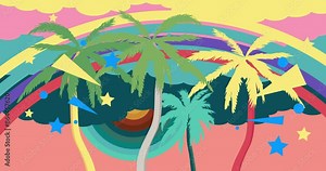 Retro 70s Background animation with Palm Tree. Groovy Exotic 1970s art video. Minimalistic Vintage design, old-fashioned color artwork.