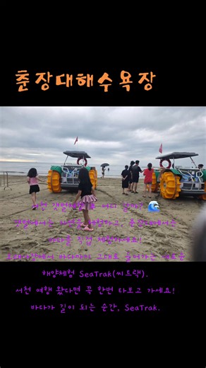 서천 갯벌체험 후 어디 갈까? 🌊 갯벌에서는 자연을 체험하고, 춘장대에서는 바다를 직접 체험하세요! 모래사장에서 바다까지 그대로 들어가는 새로운 해양체험 SeaTrak(씨트랙). 서천 여행 왔다면 꼭 한번 타보고 가세요! 바다가 길이 되는 순간, SeaTrak. #서천갯벌체험 #선도리갯벌체험 #서천가볼만한곳 #춘장대해수욕장 #춘장대