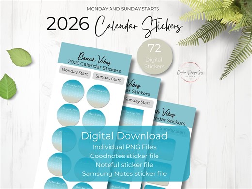 Beach Vibes 2026 Calendar Stickers: Goodnotes, Noteful, Samsung Notes Files (digital Download) - Etsy