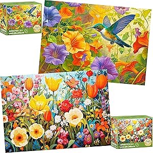 2 Pack Puzzles for Adults 1000 Pieces – 1000 Piece Hard Puzzles for Adults - Thick and Durable Hummingbirds and Flowers Jigsaw Puzzles for Family Fun Birthday Party Favors