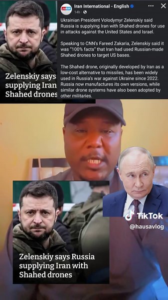 Shugaban kasar Ukraine 🇺🇦 ya bayyana cewa kasar rasha tana taimakawa ir@N ta jiragen yaki marasa matuka mai suna shahed Disclaimer. This post is strictly for awareness and criticism.i do not support,promote, justify or sympathize with any terrorist or dangerous organizations. #trend #viral #trendingvideo #kano #fyp