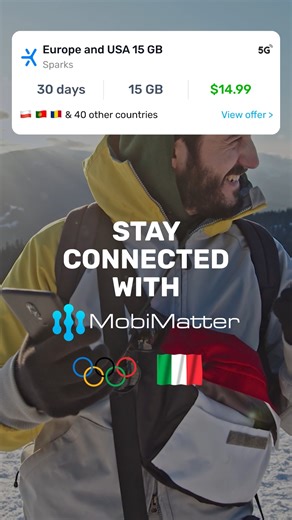 MobiMatter | eSIM packages ✨ on Instagram: "Get ready for Winter Olympics! Gold medal travel move: setting up your eSIM before takeoff 🥇 From the slopes to the stadiums, stay connected with our reliable Europe or Italy eSIM plans — no physical SIMs, no roaming stress 📶 Get 12 GB for Italy at just $9.99! Best prices, trusted providers, and coverage that keeps up with your journey 🌍 Explore plans on the MobiMatter app or website.📲 #esim #mobimatter #travelconnected #travelsmart"