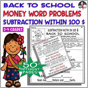 Back to School Money Math Problem Subtraction within 100 Easy Practice Happy Try
