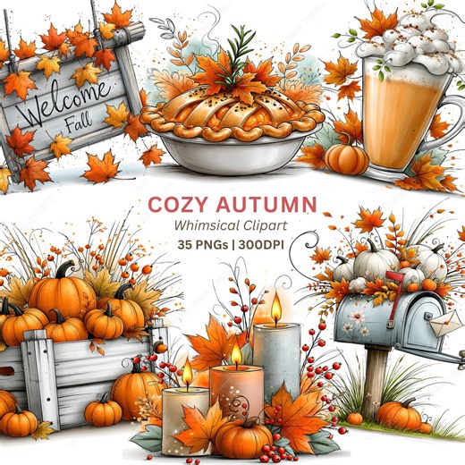 Autumn Clipart PNG, 35 Watercolor Fall Elements With Pumpkins Lanterns and Leaves for Farmhouse Decor - Etsy