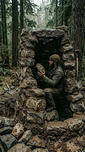Building a Giant Hidden Stone Fireplace in the Forest #build #offgrid #shelter #outdoors #viral