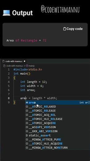 C Program to Find Area of Rectangle | #viral #womenintech#shorts
