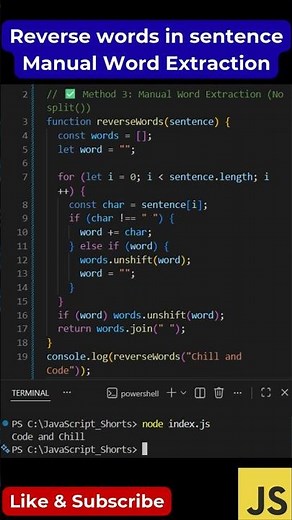 #102 Reverse Words in Sentence | No split() Pure Manual Trick in JS