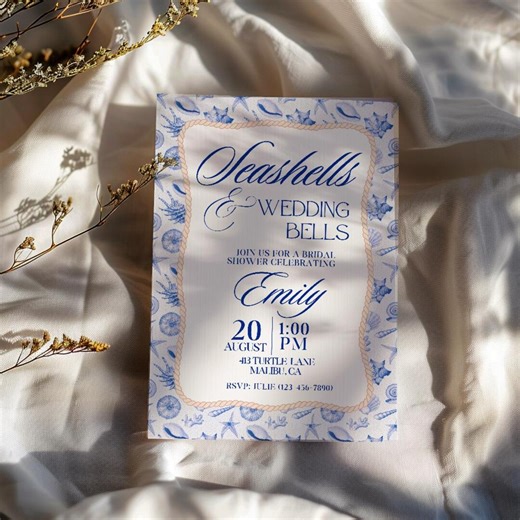Seashell and Wedding Bell Invitation for Bridal Shower Seashell Theme Invite Seashell Wedding Bell Bachelorette Party Invitation Template - Etsy